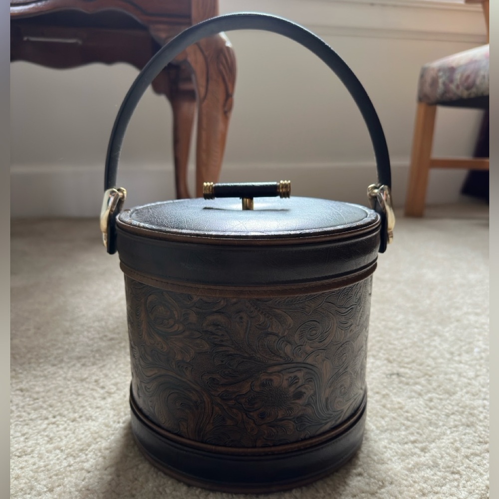 Vintage Western Embossed Faux Leather‎ Insulated Ice Bucket Brown Floral Tooling